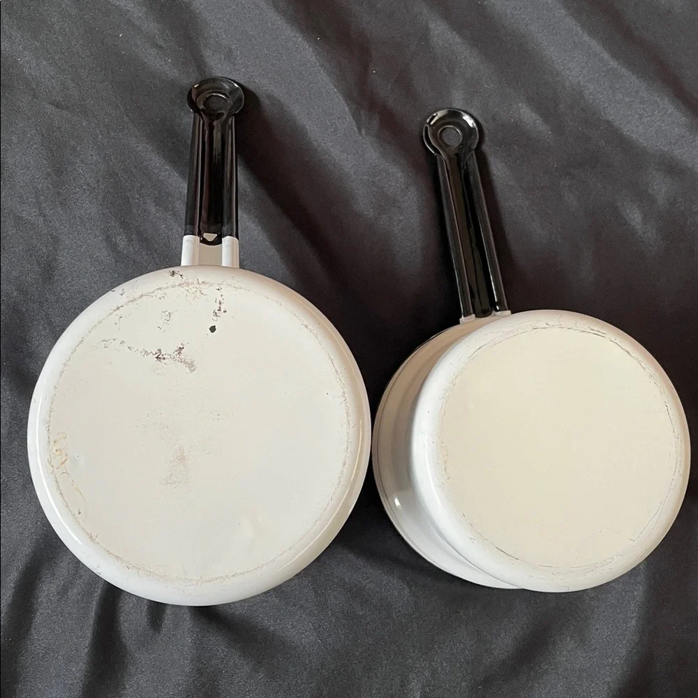 Vtg White W/Black Trim Enamelware Double Boiler Farmhouse Chic *NO LID*